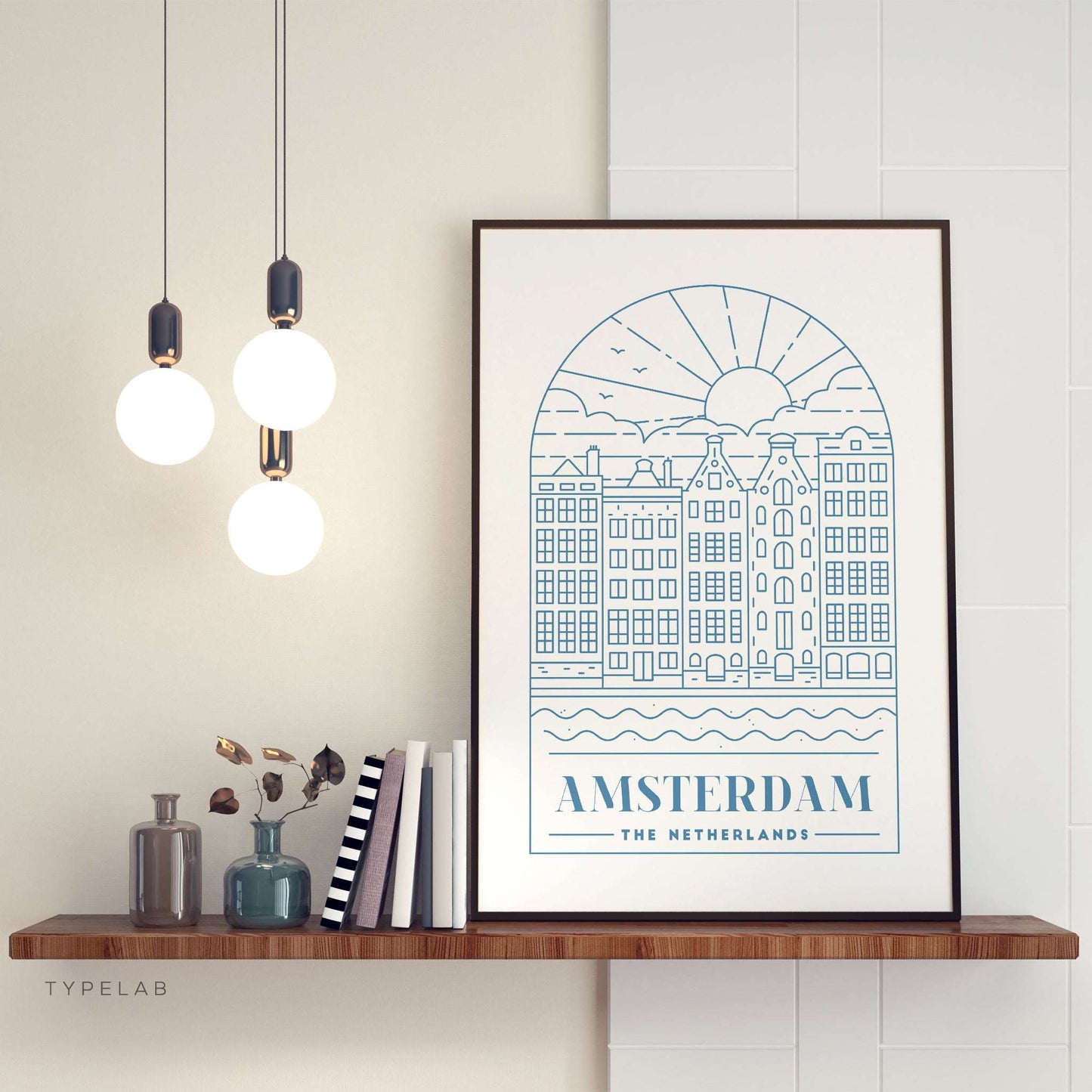 Amsterdam Print, The Netherlands Wall Art - Blue Monoline Typelab