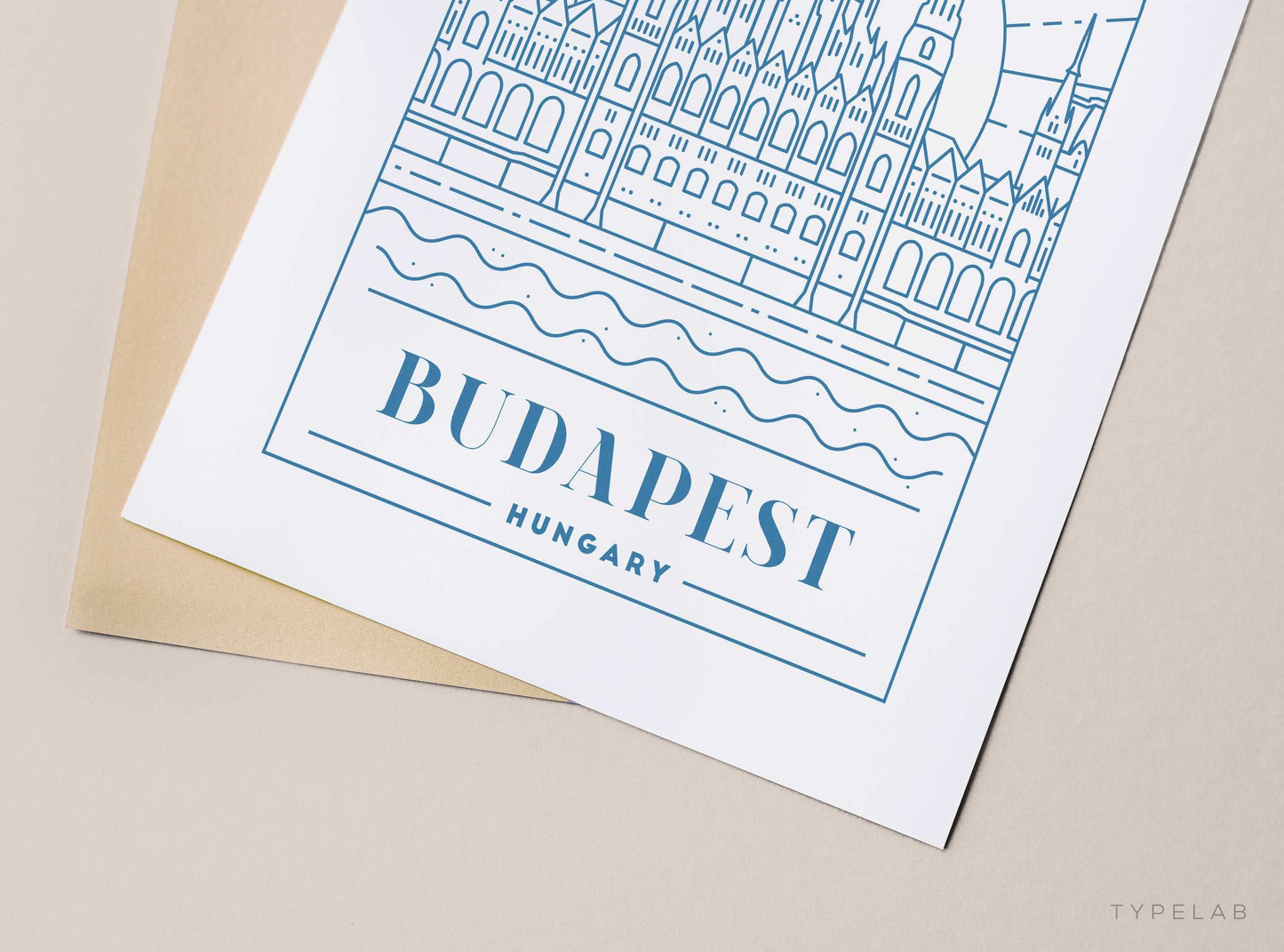 Budapest, Hungary Blue Monoline Print Typelab