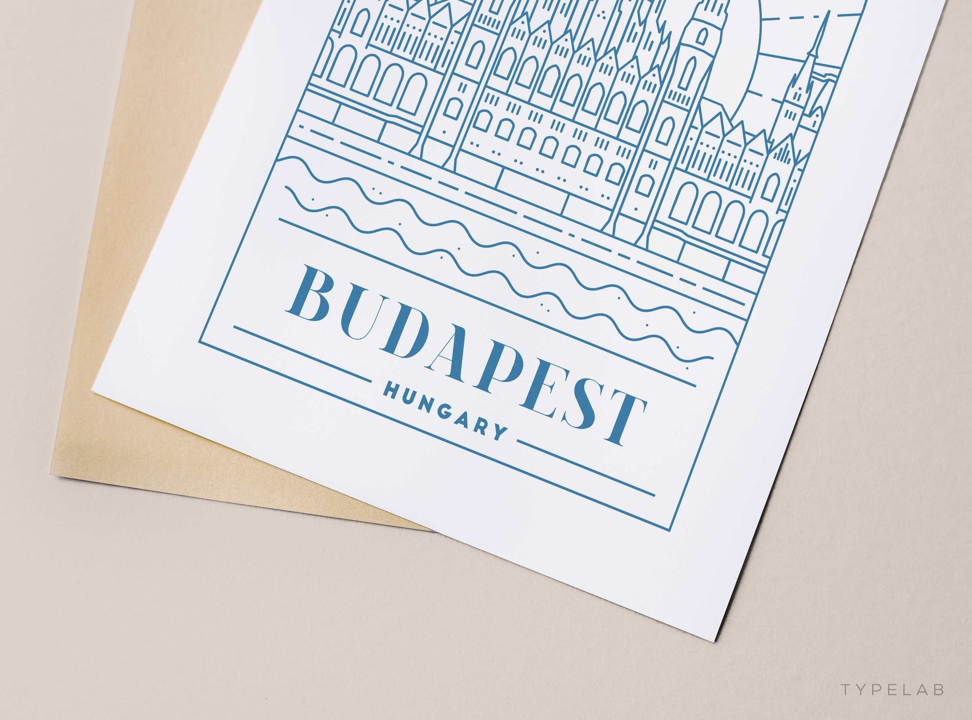 Budapest, Hungary Blue Monoline Print Typelab