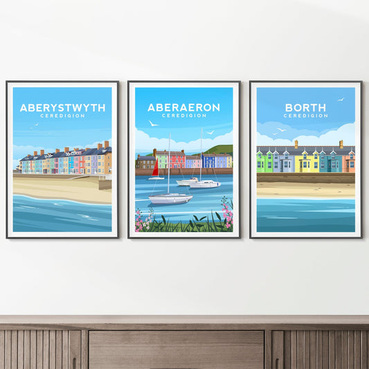 Set of 3 Ceredigion Wales Prints | Aberystwyth, Aberaeron and Borth