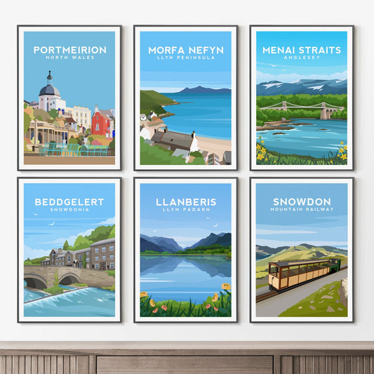 Set of 6 Gwynedd Snowdonia Prints - Wales Wall Art by Typelab