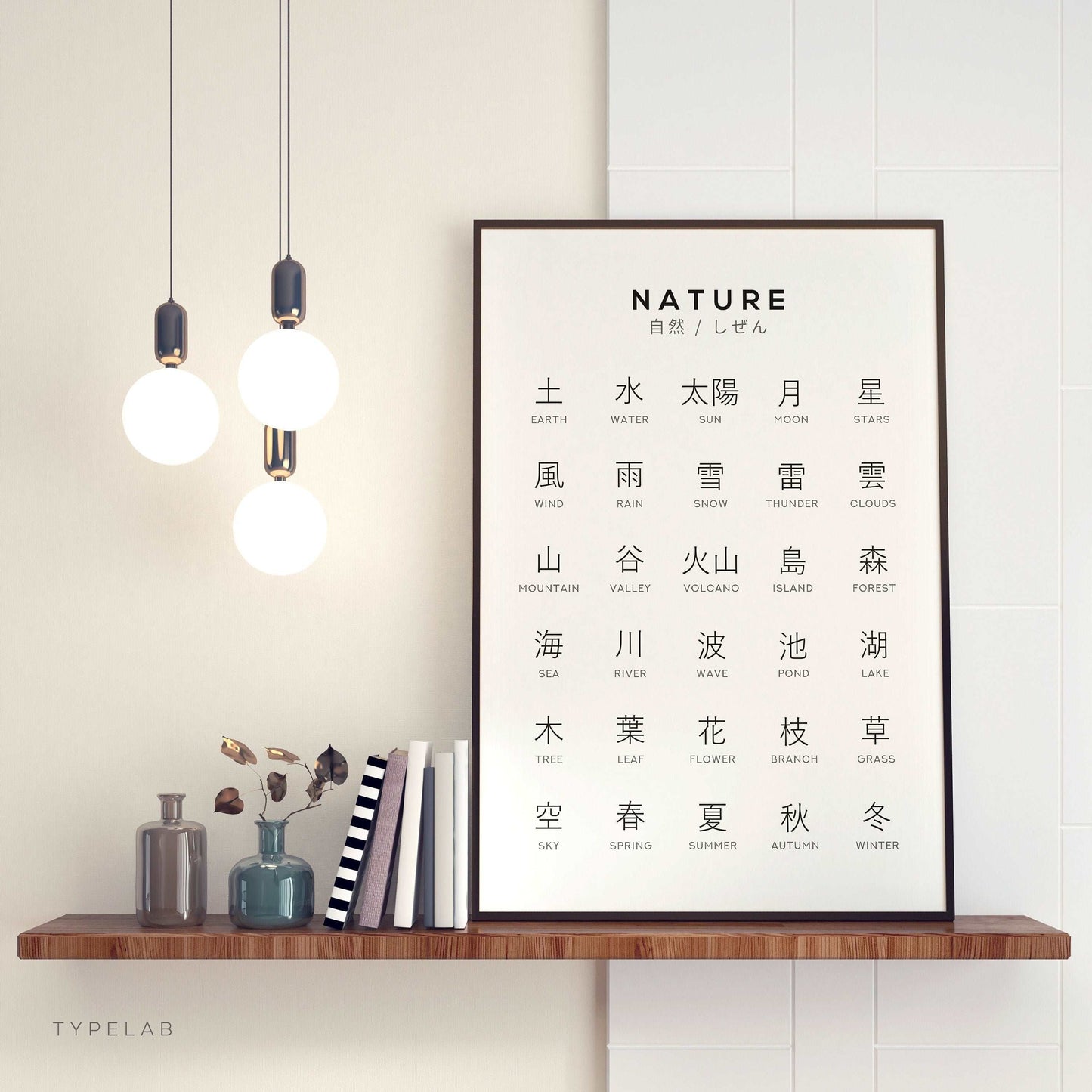 Japanese Kanji Nature Print, Language Learning Wall Art Typelab