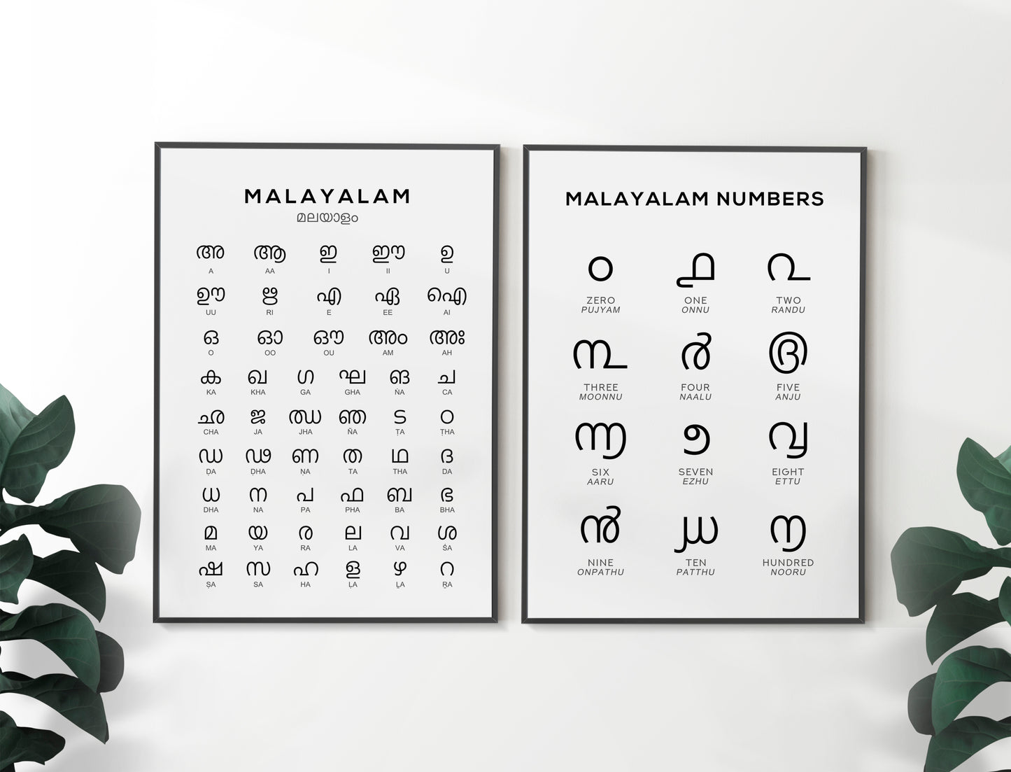 Malayalam Alphabet and Number Print Set of 2 | Language Wall Art