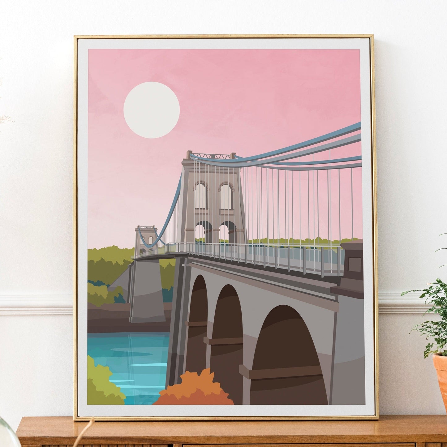 Menai Bridge Anglesey Print in Pink, Wales Travel Wall Art Typelab