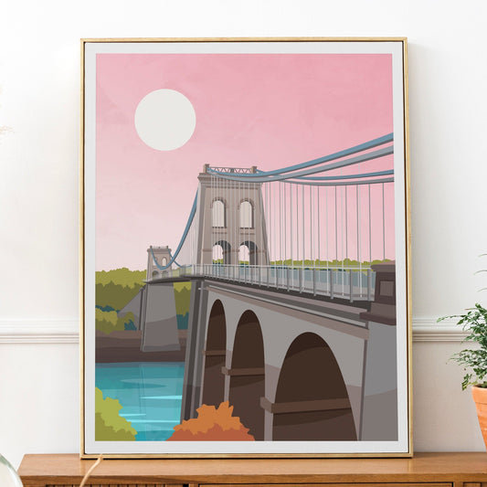 Menai Bridge Anglesey Print in Pink, Wales Travel Wall Art Typelab