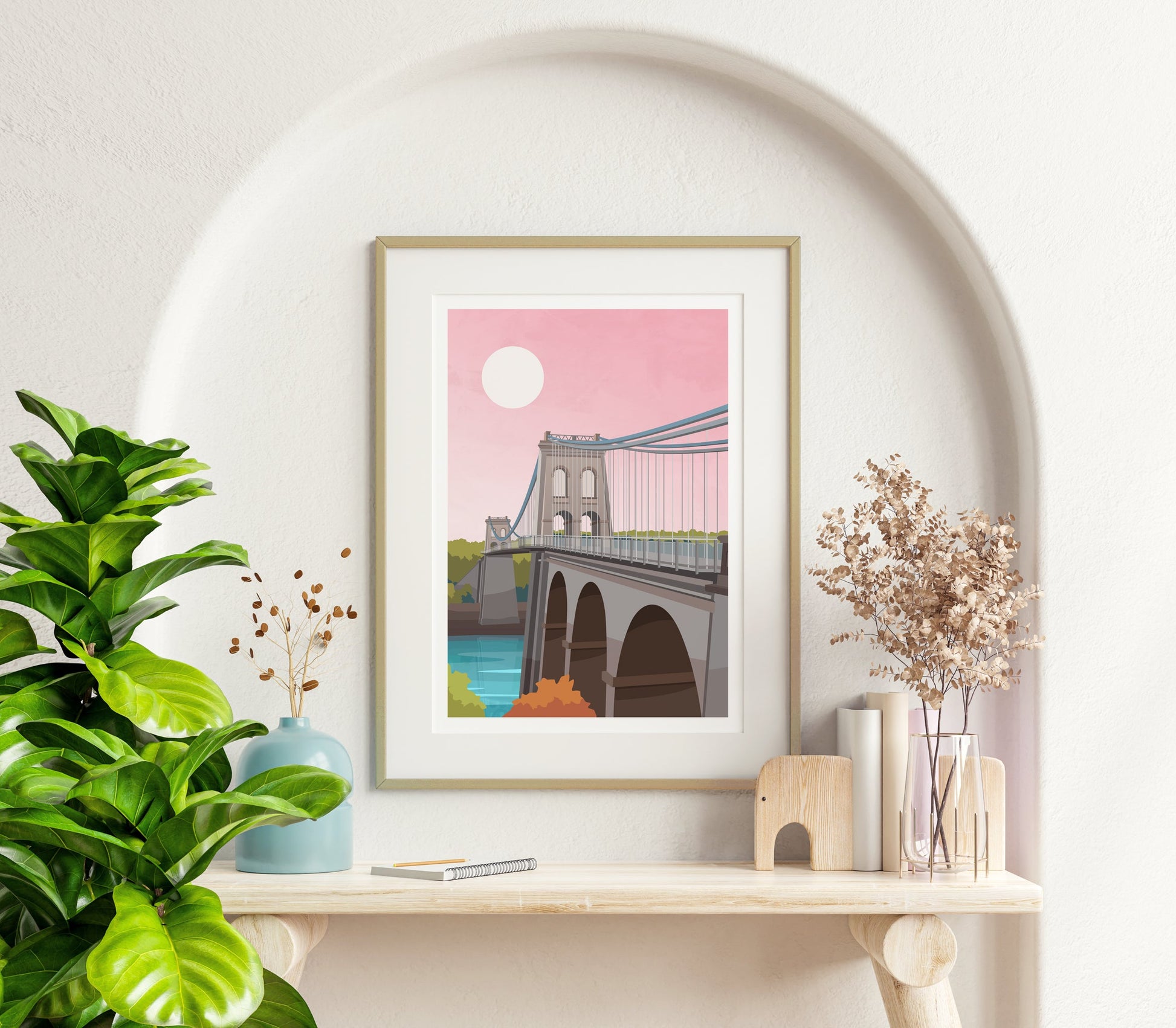 Menai Bridge Anglesey Print in Pink, Wales Travel Wall Art Typelab