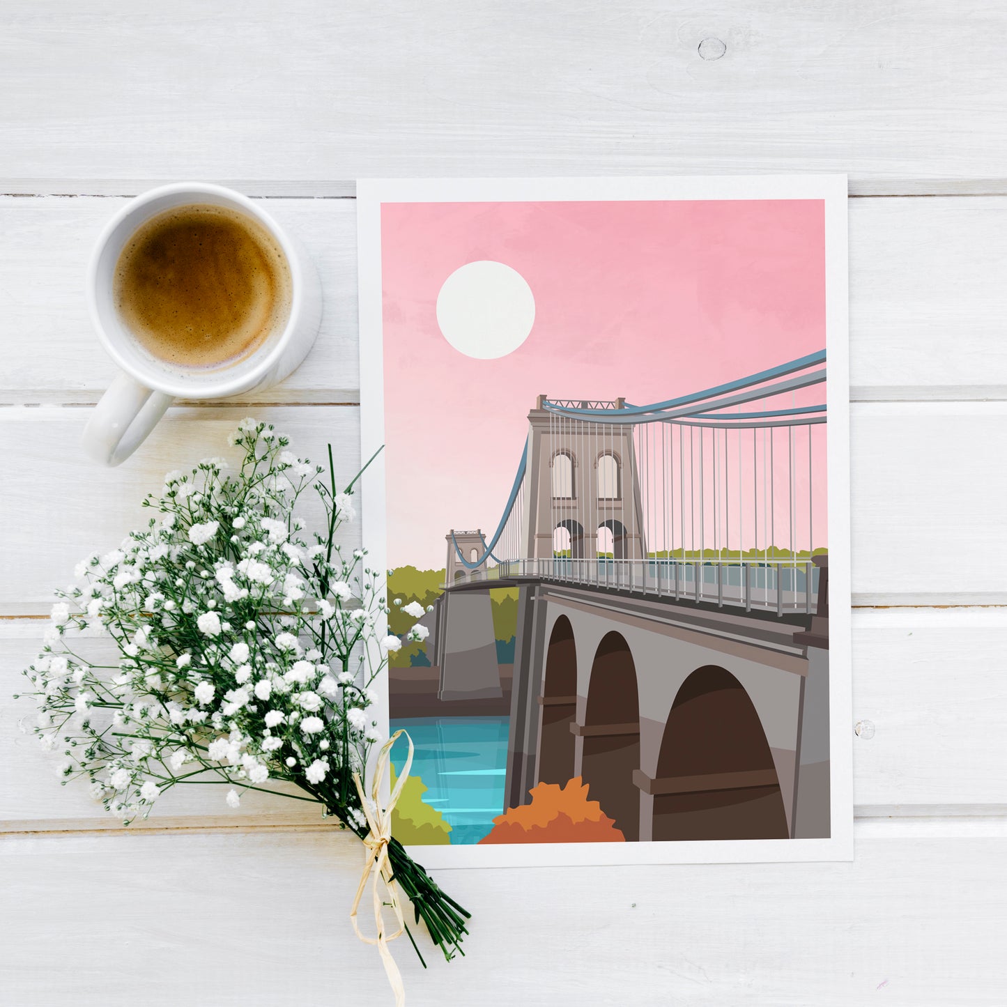 Menai Bridge Anglesey Print in Pink, Wales Travel Wall Art Typelab