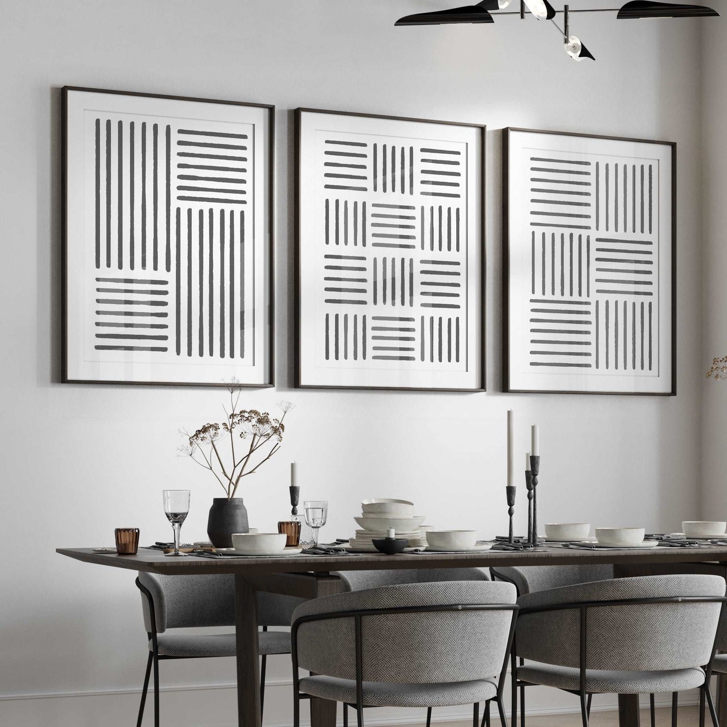 Set of 3 Abstract Line Prints, Minimalist Wall Art - Charcoal Grey Typelab