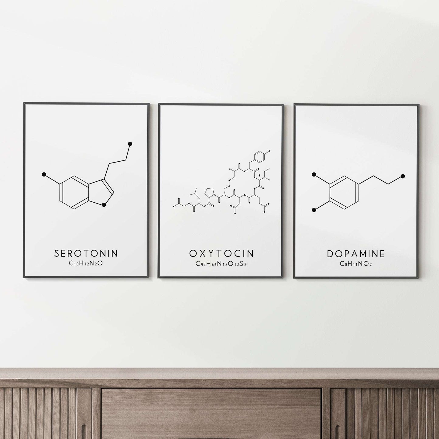 Set of 3 Molecular Structure Prints - Serotonin, Oxytocin and Dopamine Typelab