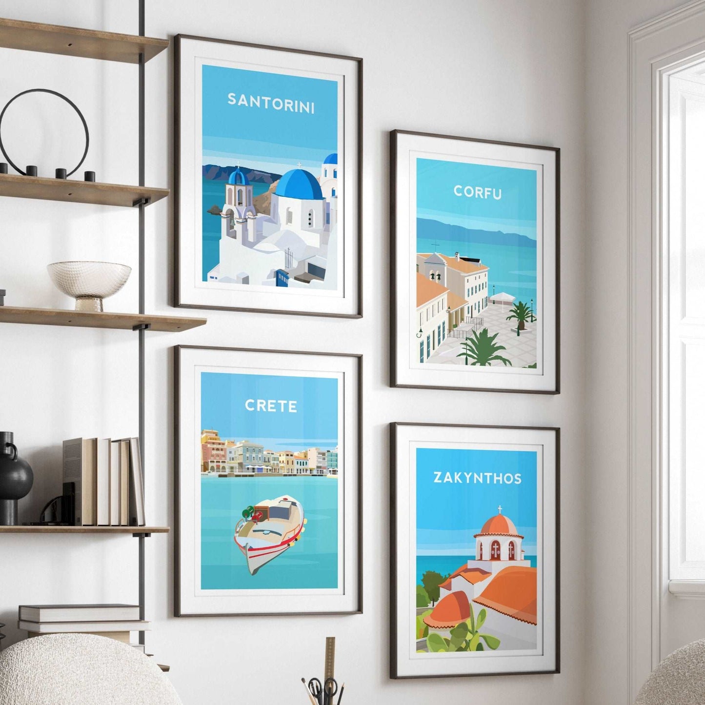 Set of 4 Greece Travel Prints, Santorini Crete Corfu and Zakynthos Typelab
