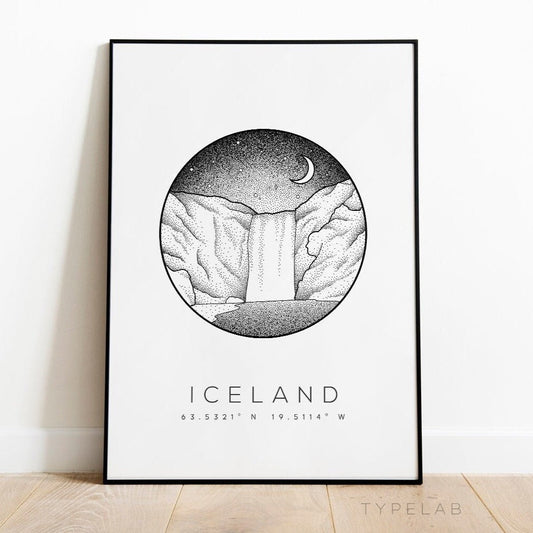 Skogafoss Waterfall, Iceland Dotwork Print Typelab