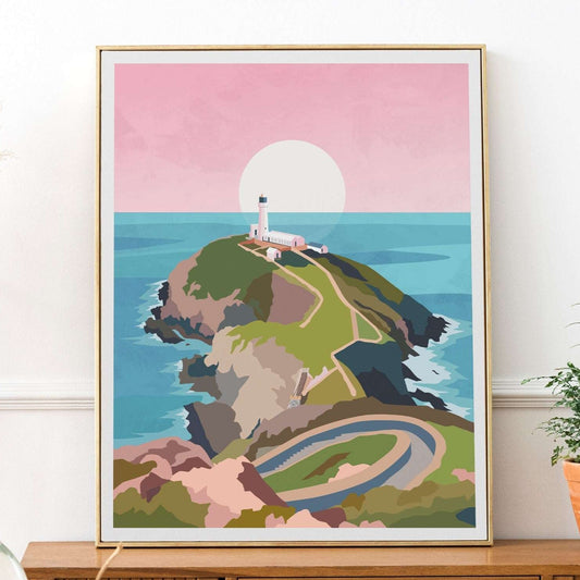 South Stack Lighthouse, Anglesey Wales Pink Travel Print Typelab