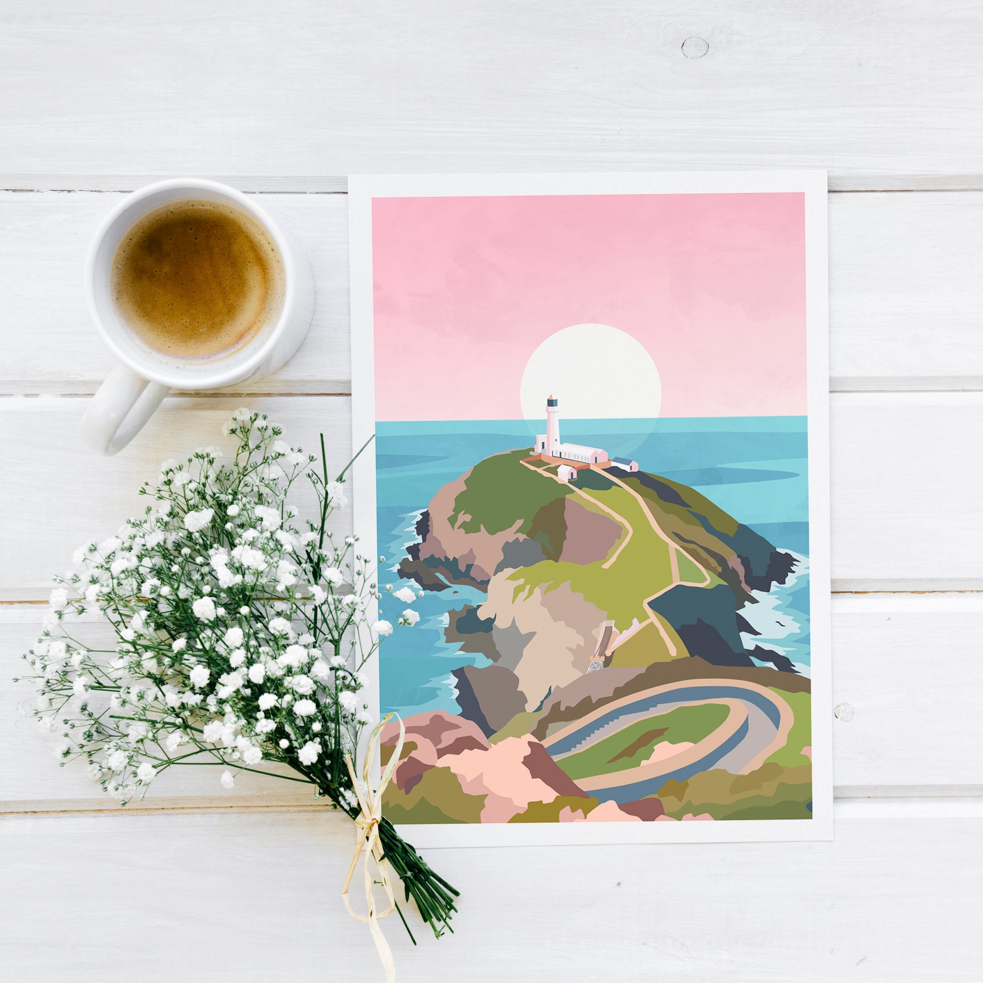 South Stack Lighthouse, Anglesey Wales Pink Travel Print Typelab