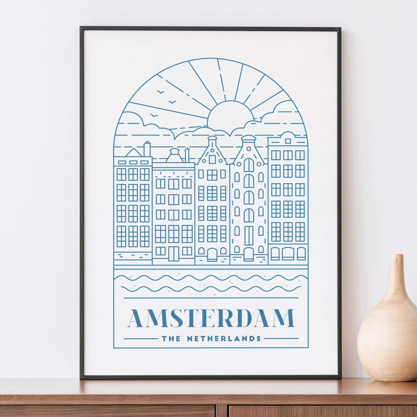 Amsterdam Print, The Netherlands Wall Art - Blue Monoline Typelab