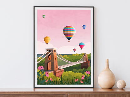 Bristol Print | Pink Clifton Bridge and Balloon Fiesta Travel Wall Art