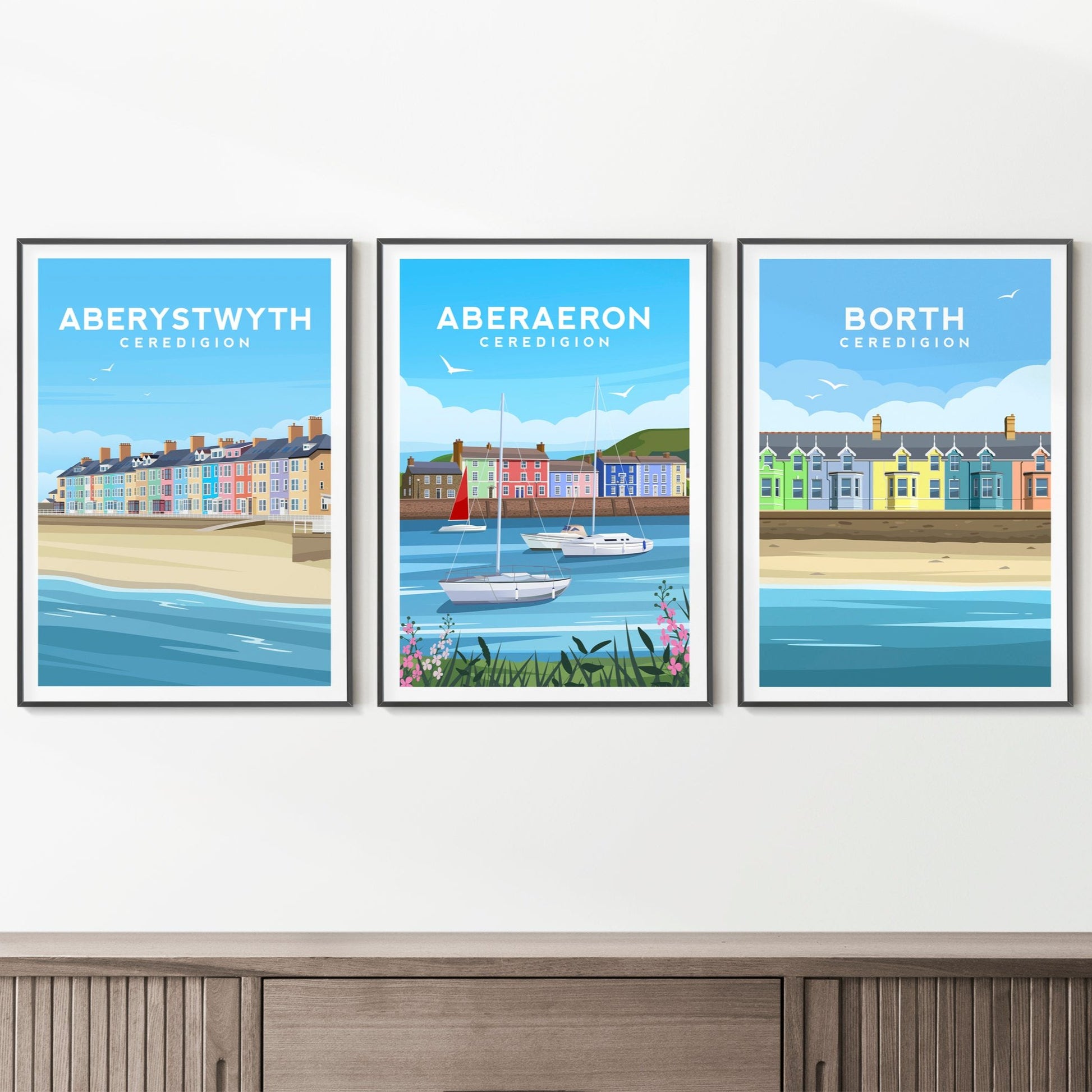 Set of 3 Ceredigion Wales Prints | Aberystwyth, Aberaeron and Borth