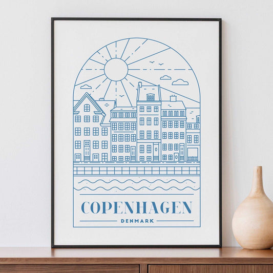 Copenhagen, Denmark, Blue Monoline Print Typelab