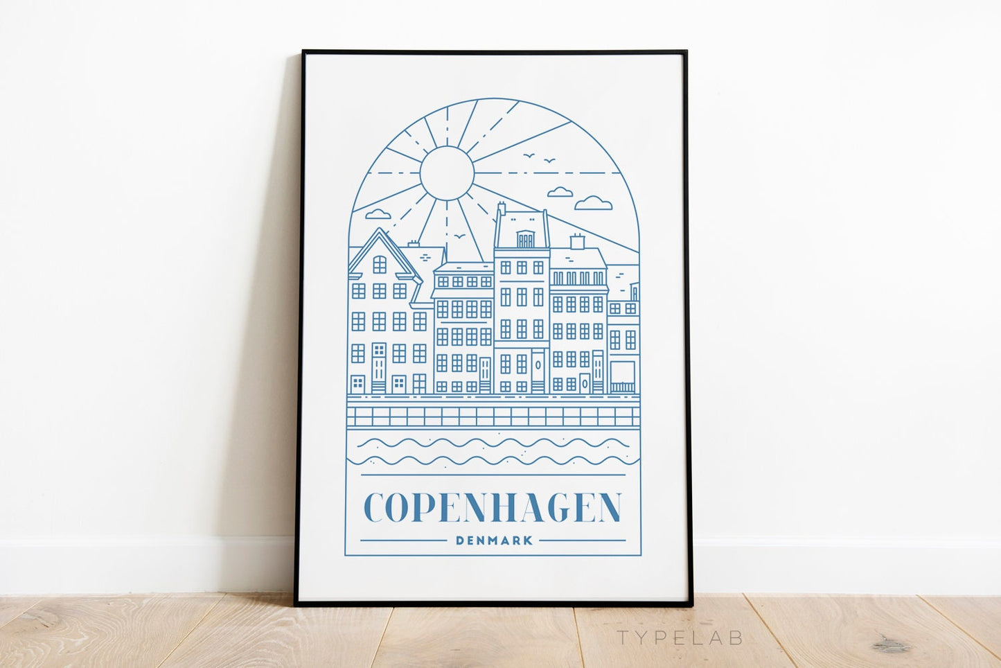 Copenhagen, Denmark, Blue Monoline Print Typelab