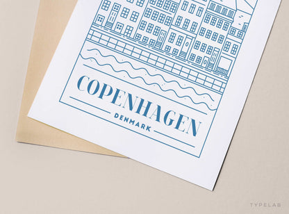 Copenhagen, Denmark, Blue Monoline Print Typelab