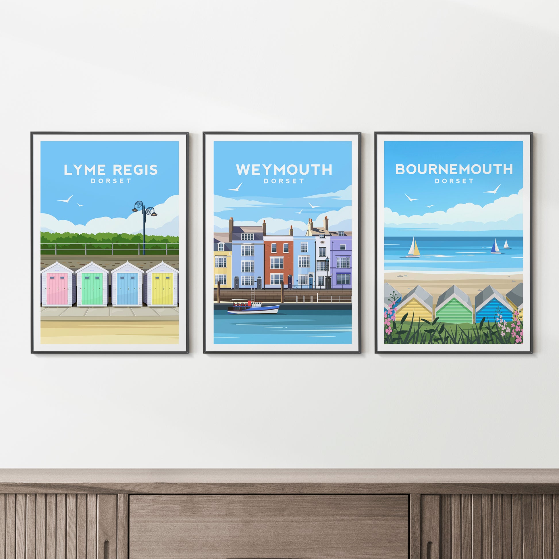 Set of 3 Dorset Travel Prints | England Beach Hut Wall Art
