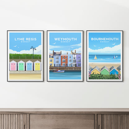 Set of 3 Dorset Travel Prints | England Beach Hut Wall Art