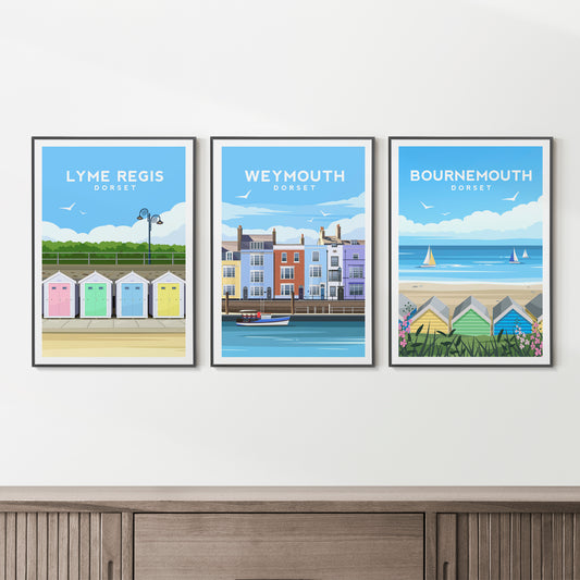 Set of 3 Dorset Travel Prints | England Beach Hut Wall Art