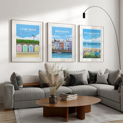 Set of 3 Dorset Travel Prints | England Beach Hut Wall Art