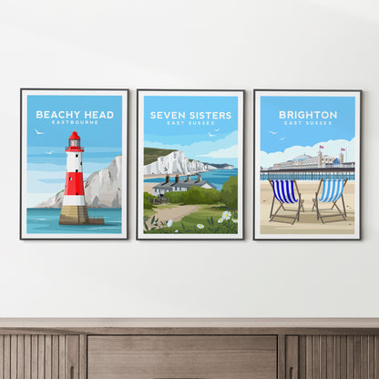 Set of 3 East Sussex Travel Prints | English Coastal Wall Art