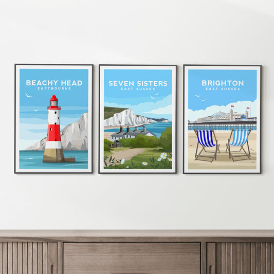 Set of 3 East Sussex Travel Prints | English Coastal Wall Art