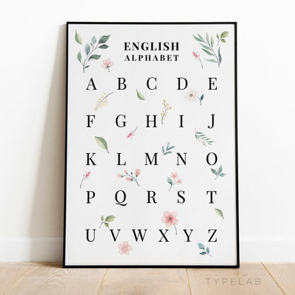 Botanical English Alphabet Print | Pink Floral Language Chart Wall Art