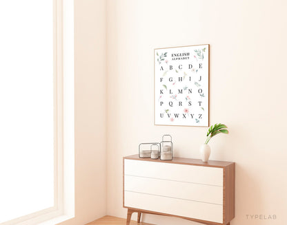 Botanical English Alphabet Print | Pink Floral Language Chart Wall Art