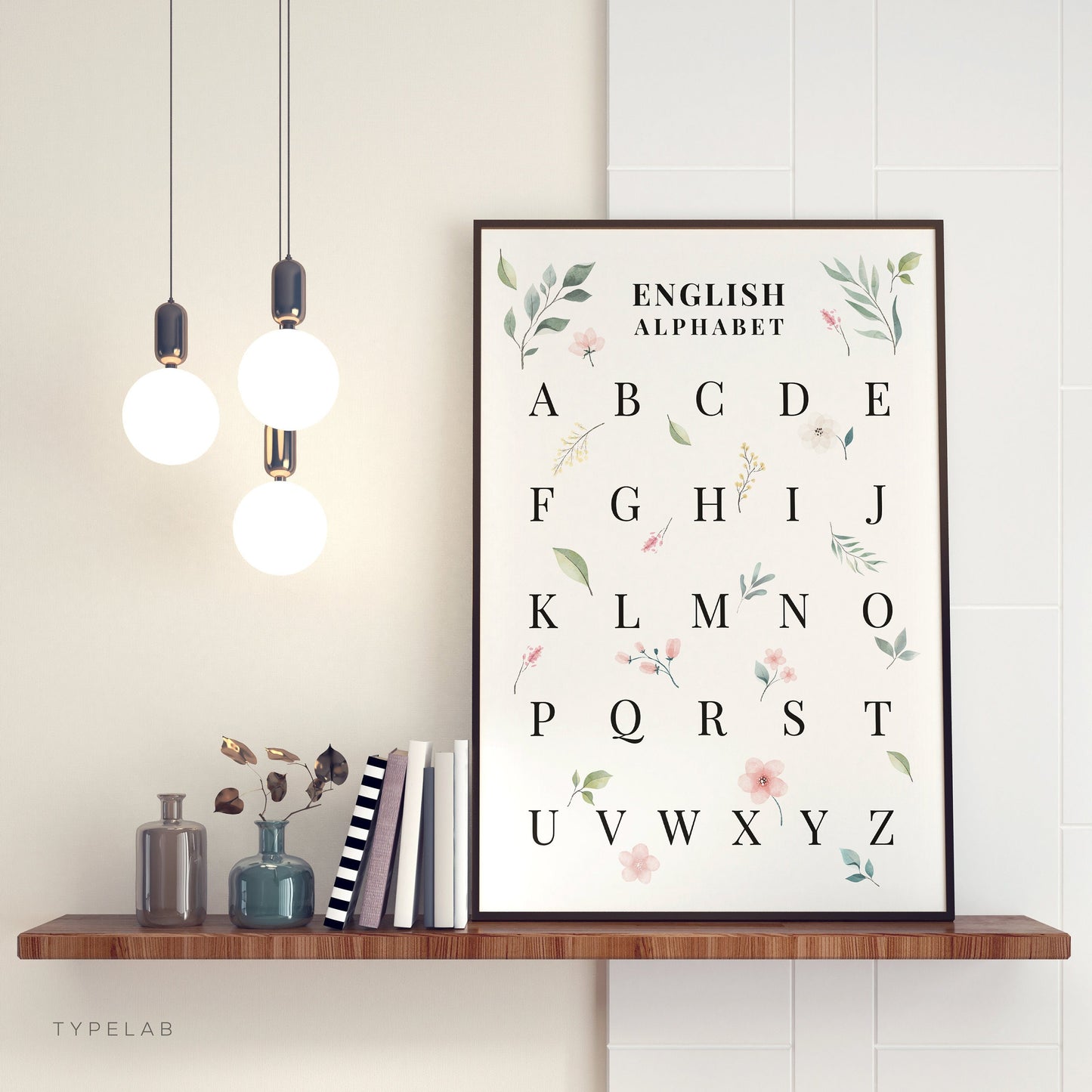 Botanical English Alphabet Print | Pink Floral Language Chart Wall Art