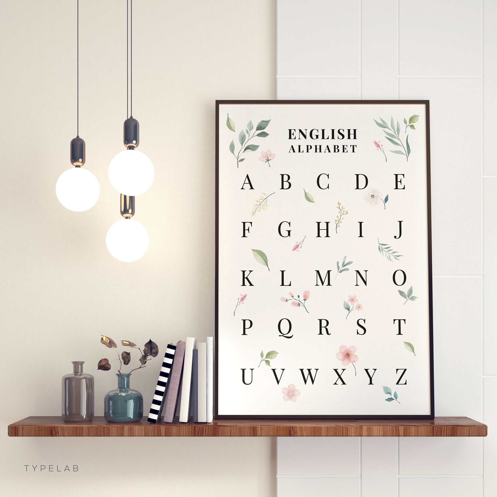 Botanical English Alphabet Print | Pink Floral Language Chart Wall Art