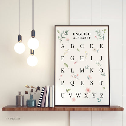 Botanical English Alphabet Print | Pink Floral Language Chart Wall Art
