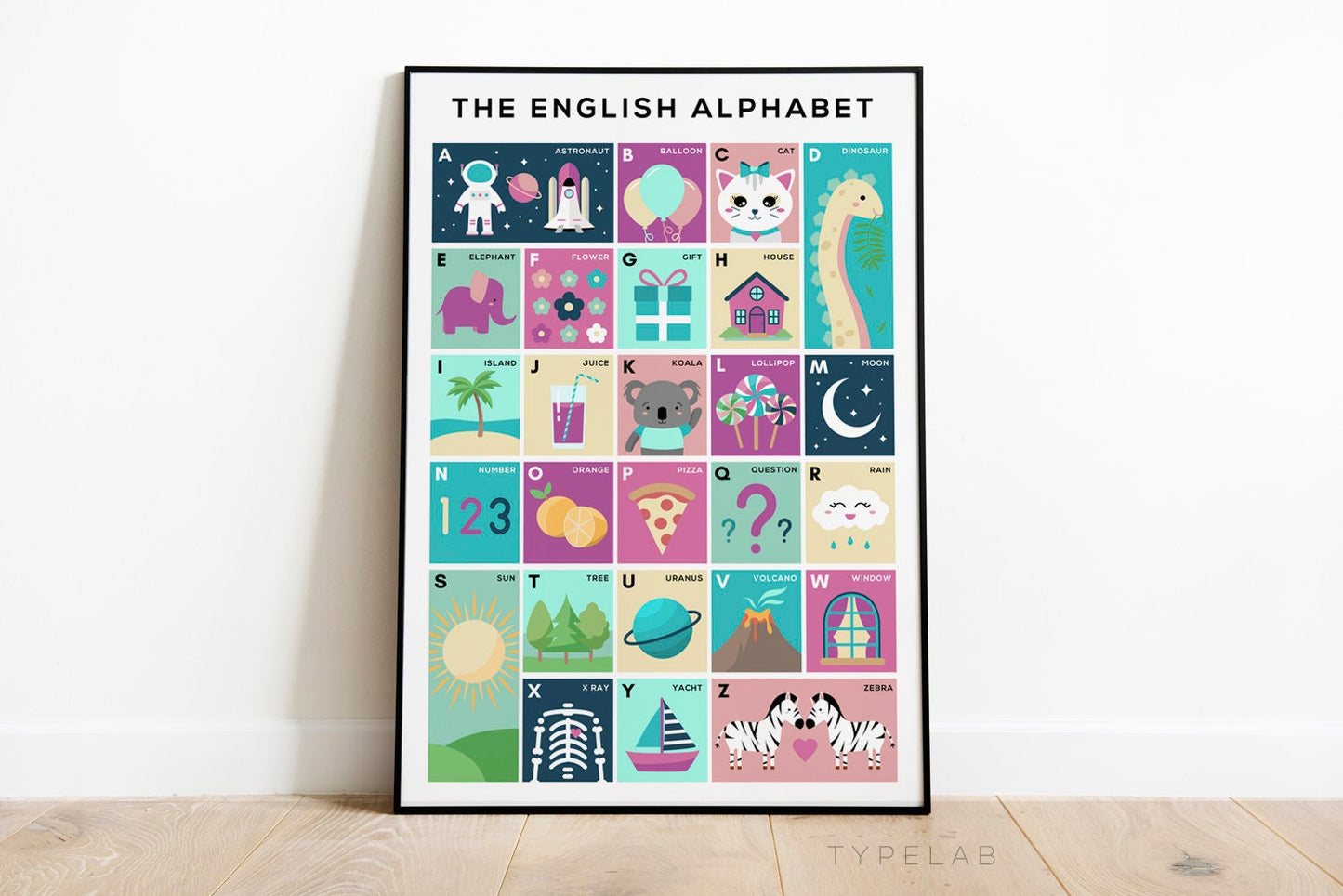 English Children's Alphabet Print, Colourful Nursery Wall Art Typelab