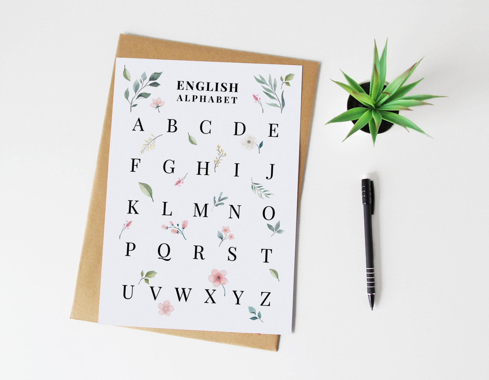 Botanical English Alphabet Print | Pink Floral Language Chart Wall Art