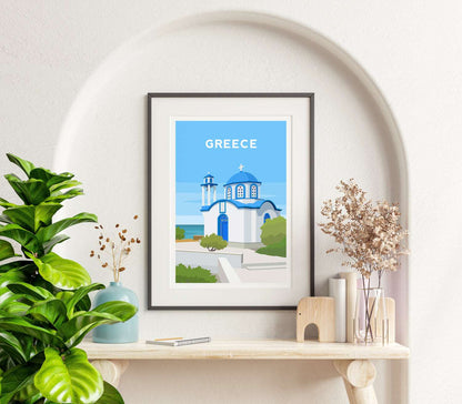 Greece Print, Greek Church Travel Wall Art Typelab