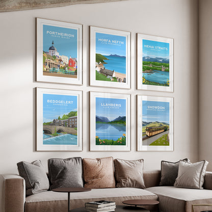 Set of 6 Gwynedd Snowdonia Prints - Wales Wall Art by Typelab