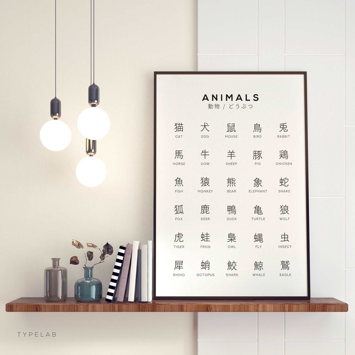 Japanese Kanji Animal Print, Language Learning Wall Art Typelab