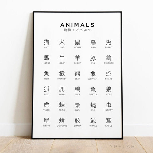 Japanese Kanji Animal Print, Language Learning Wall Art Typelab