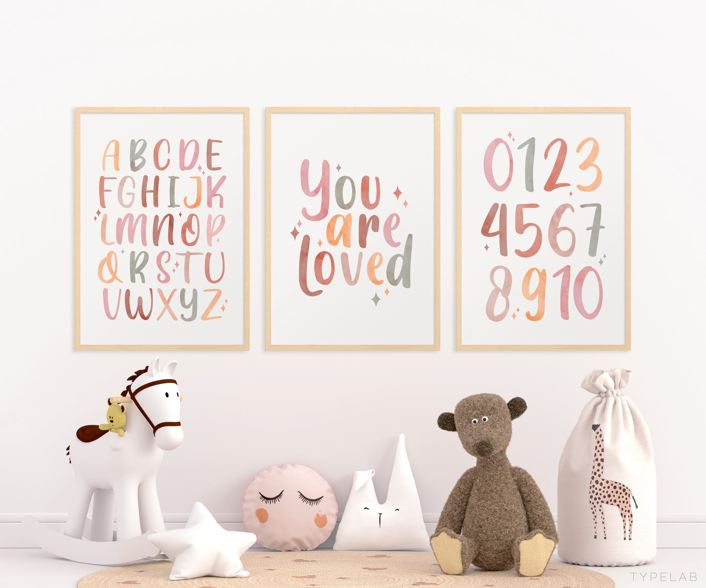 Neutral Alphabet and Number Nursery Print Set of 3 | Kids Room Wall Art - Typelab