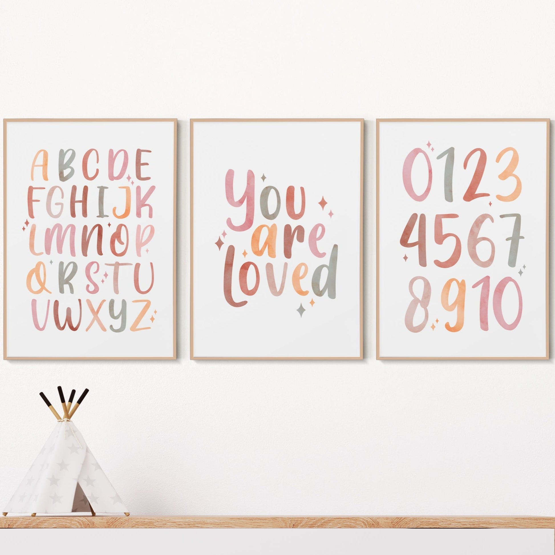 Neutral Alphabet and Number Nursery Print Set of 3 | Kids Room Wall Art - Typelab