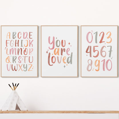 Neutral Alphabet and Number Nursery Print Set of 3 | Kids Room Wall Art - Typelab