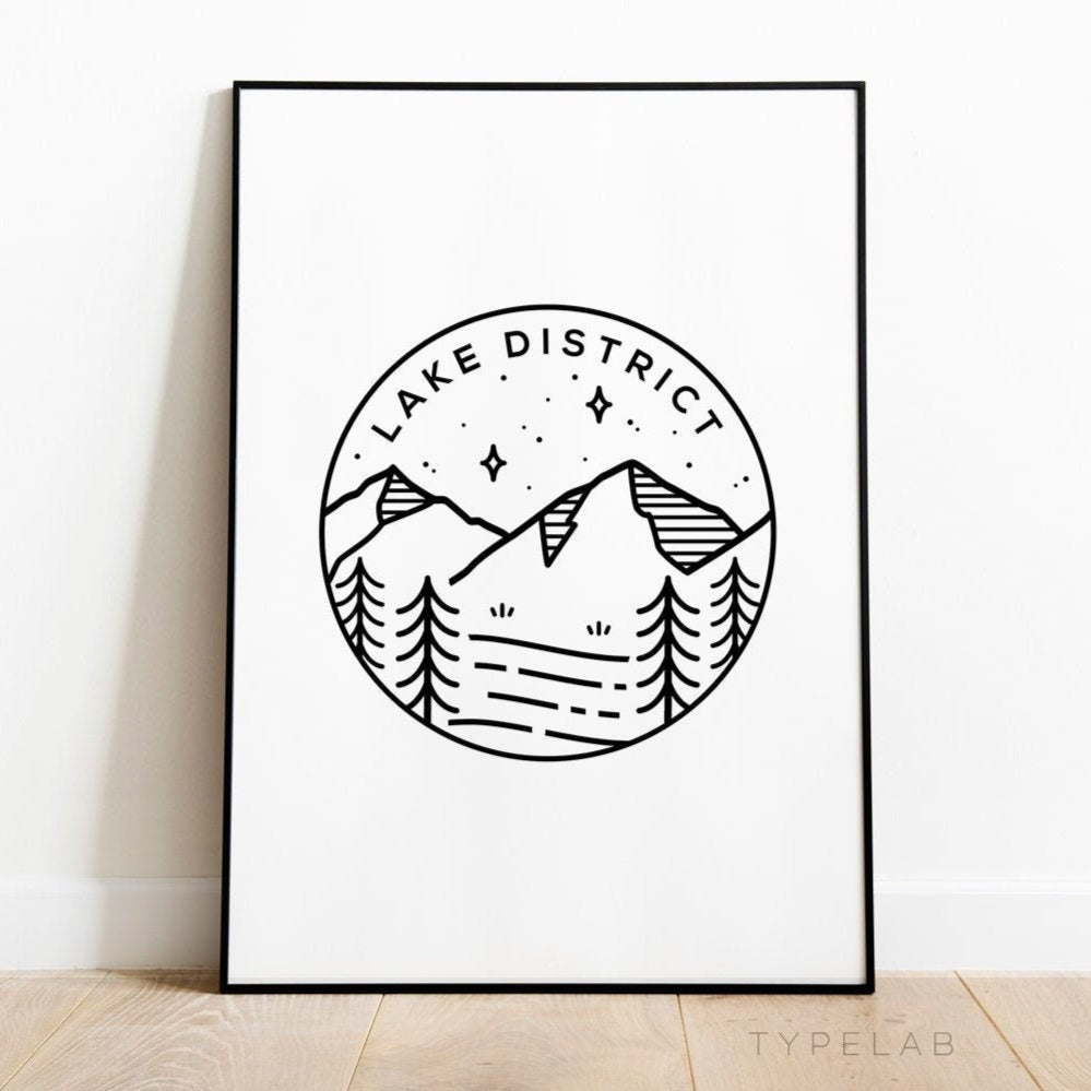 Lake District Print, England Circle Emblem Print Typelab