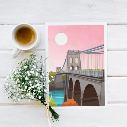 Menai Bridge Anglesey Print in Pink, Wales Travel Wall Art Typelab