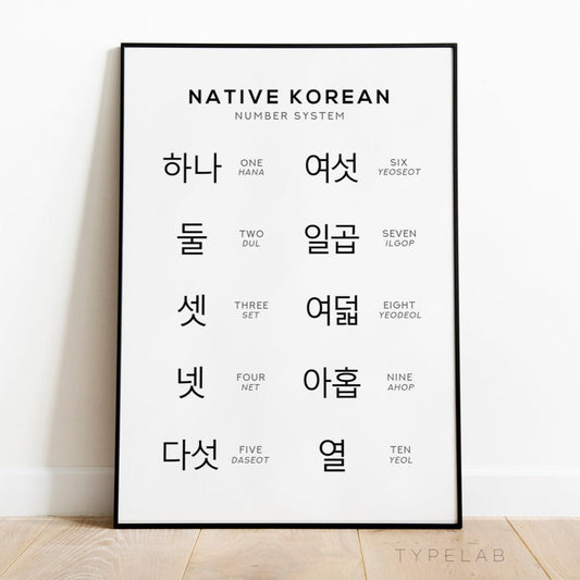 Native Korean Number Print, Hangul Learning Wall Art Typelab