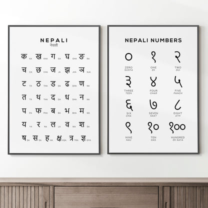 Nepali Alphabet and Number Print Set of 2 | Language Wall Art