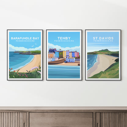 Pembrokeshire Coastal Print Set | Tenby, St Davids & Barafundle Bay Wall Art
