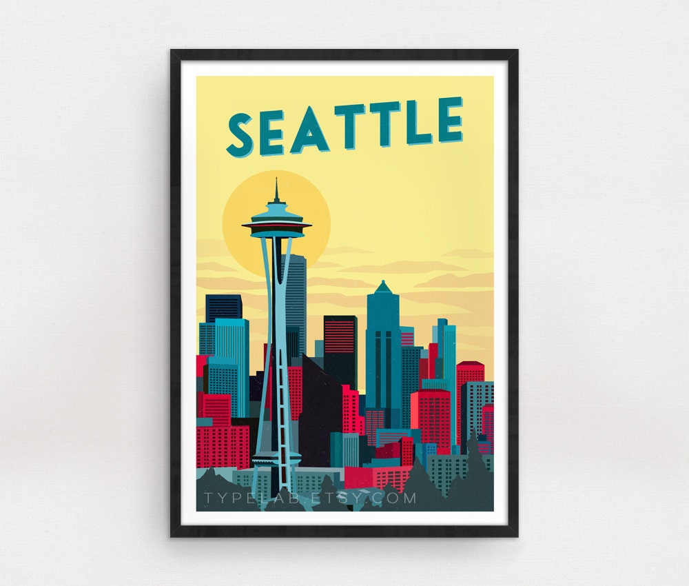 Seattle, Washington Sunset Travel Print Typelab