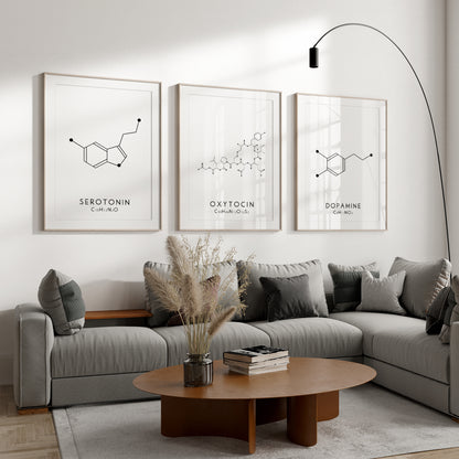 Set of 3 Molecular Structure Prints - Serotonin, Oxytocin and Dopamine Typelab